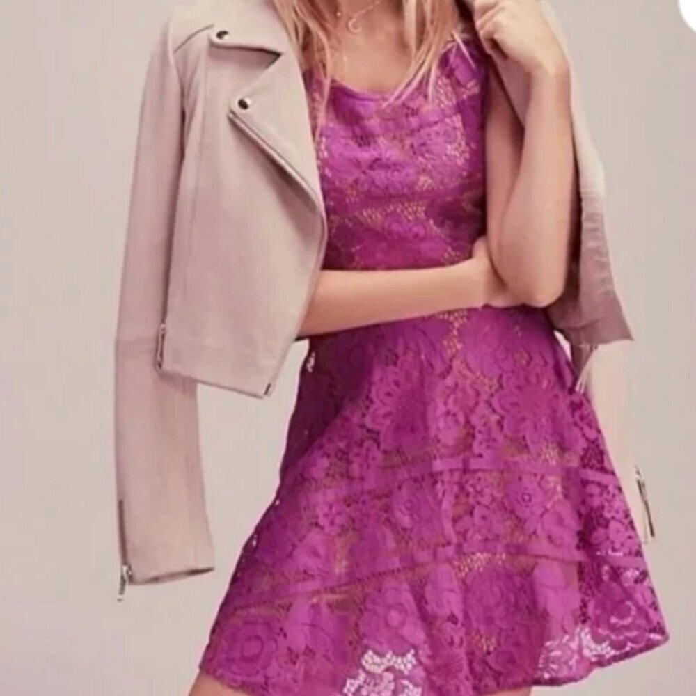 For Love & Lemons Gianna Apron Mini Dress Floral Lace Sleeveless Open Purple XS - Picture 1 of 13